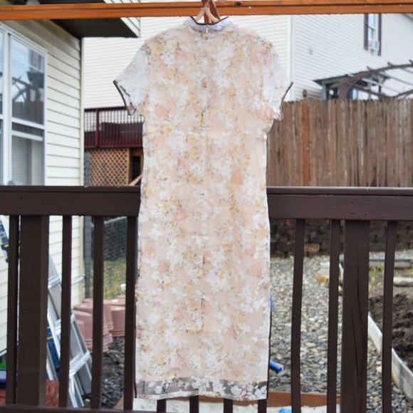 【SOLD】 Beige Chiffon Flora Qipao Long Dress - Chinese Traditional Cheongsam - Picture 4 of 6